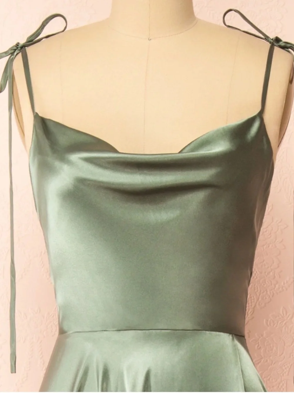Moira Khaki | Cowl Neck Satin Maxi Dress with High Slit - Picture 3 of 10